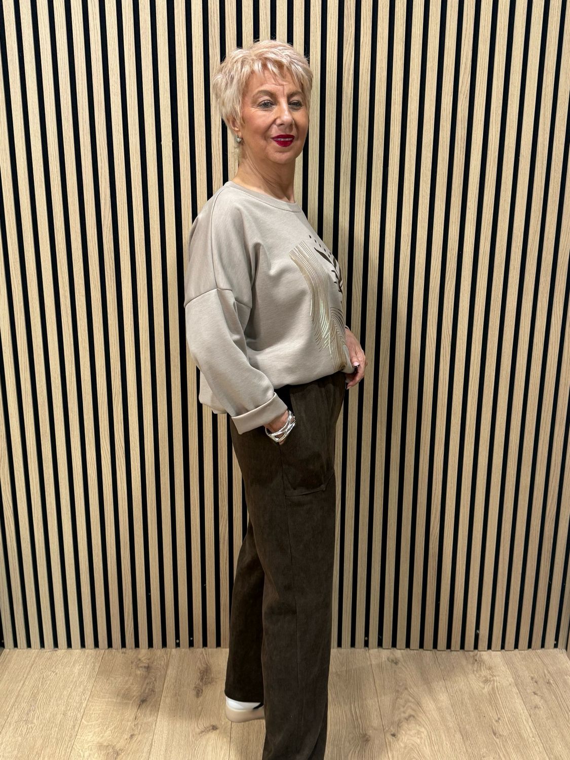 Abstract Leaf Print Tie Hem Sweatshirt - Taupe