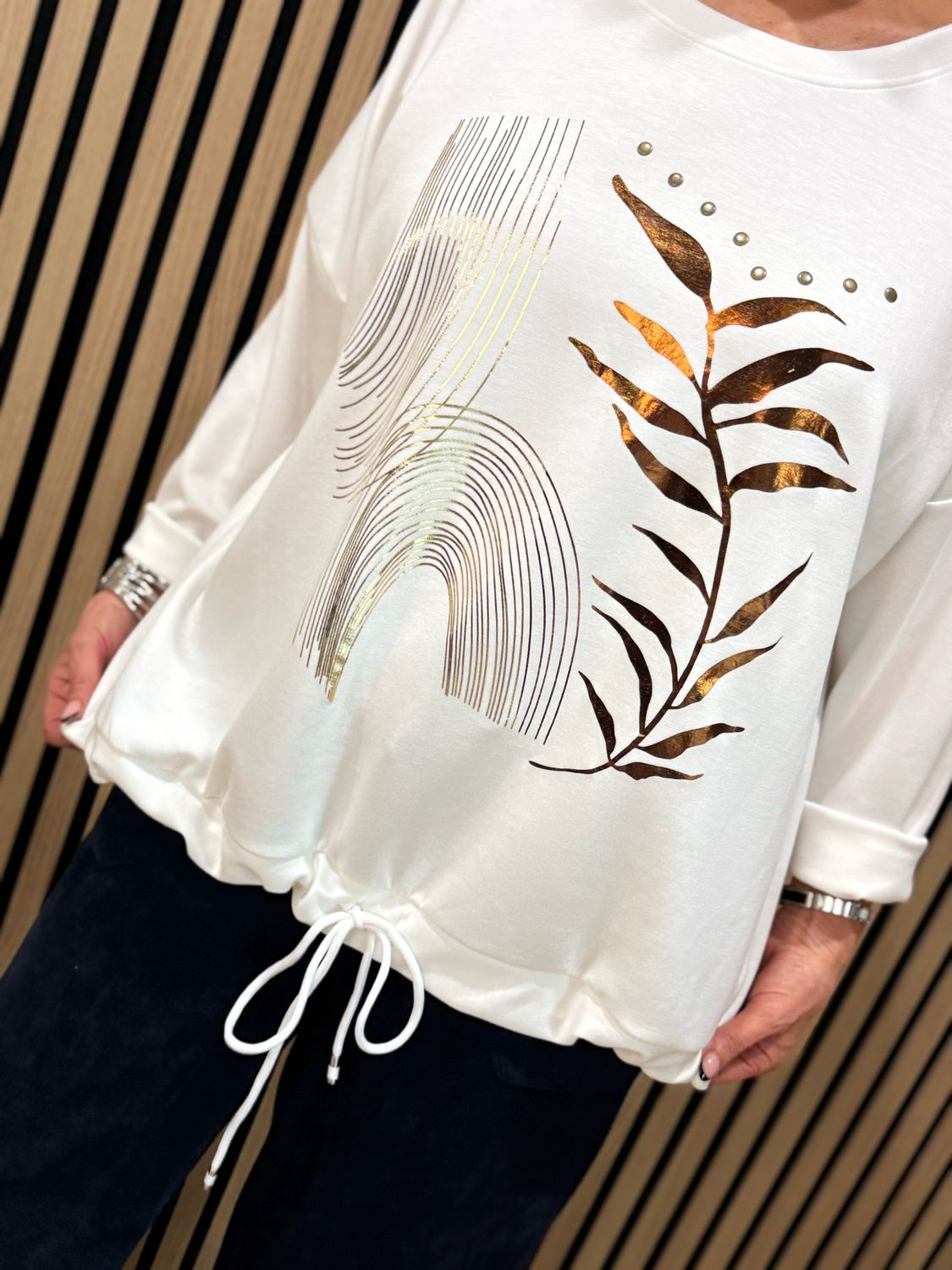 Abstract Leaf Print Tie Hem Sweatshirt - White