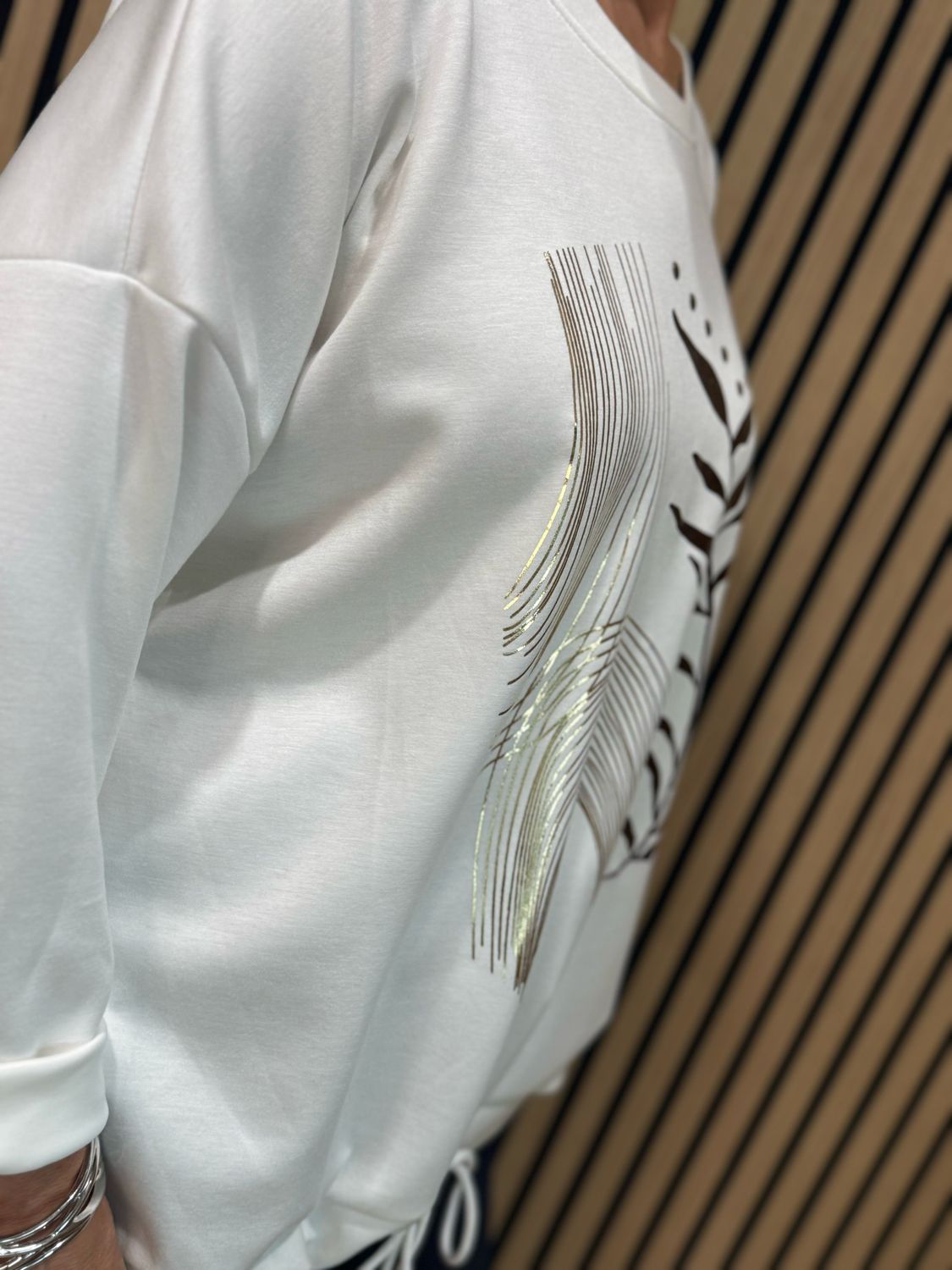 Abstract Leaf Print Tie Hem Sweatshirt - White