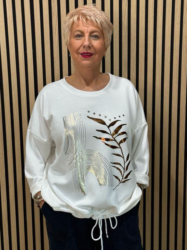 Abstract Leaf Print Tie Hem Sweatshirt - White