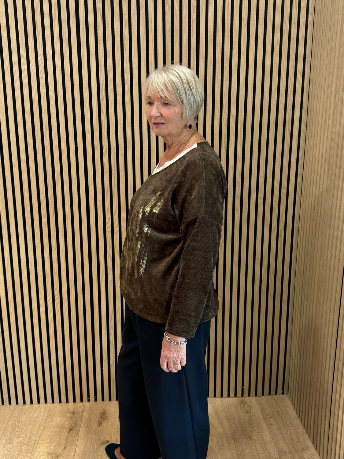 Metallic Abstract Print V-Neck Jumper - Chocolate