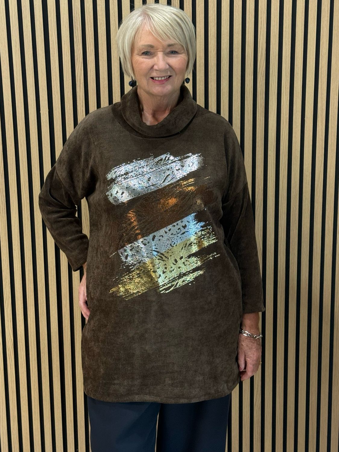 Oversized Metallic Abstract Print Cowl Neck Jumper - Chocolate