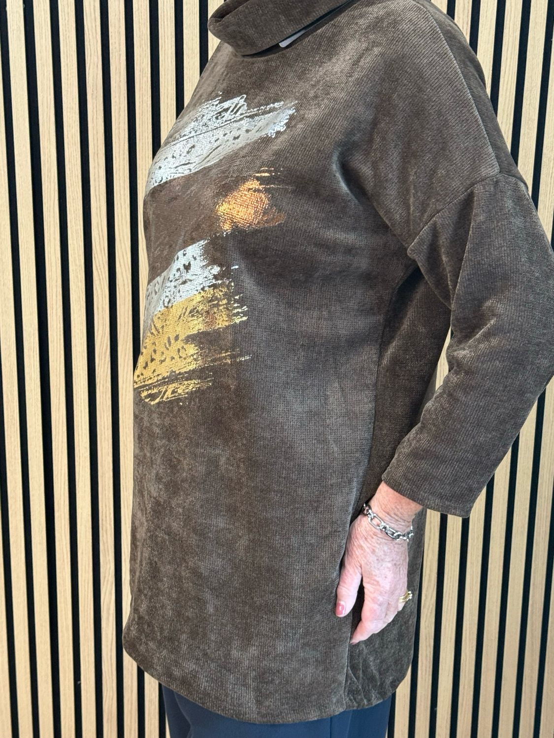 Oversized Metallic Abstract Print Cowl Neck Jumper - Chocolate