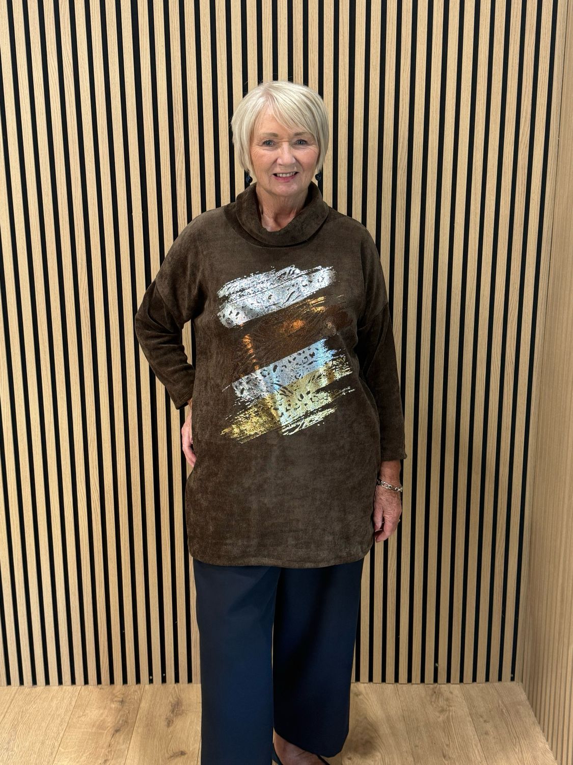 Oversized Metallic Abstract Print Cowl Neck Jumper - Chocolate