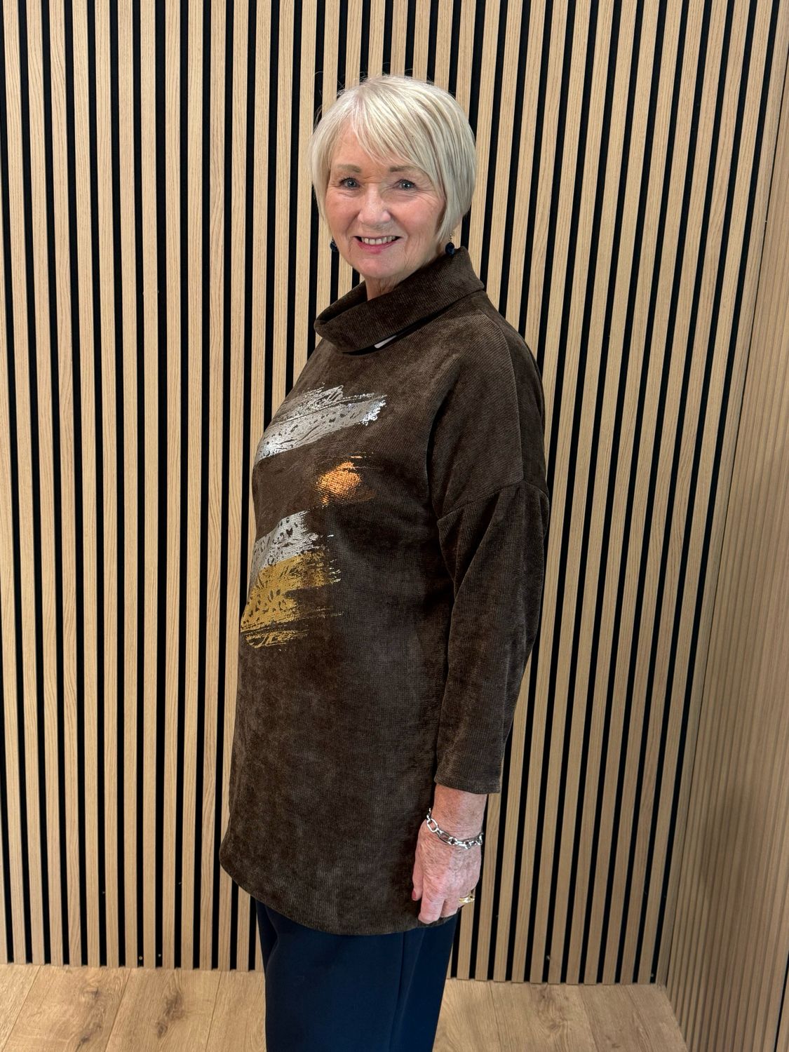 Oversized Metallic Abstract Print Cowl Neck Jumper - Chocolate