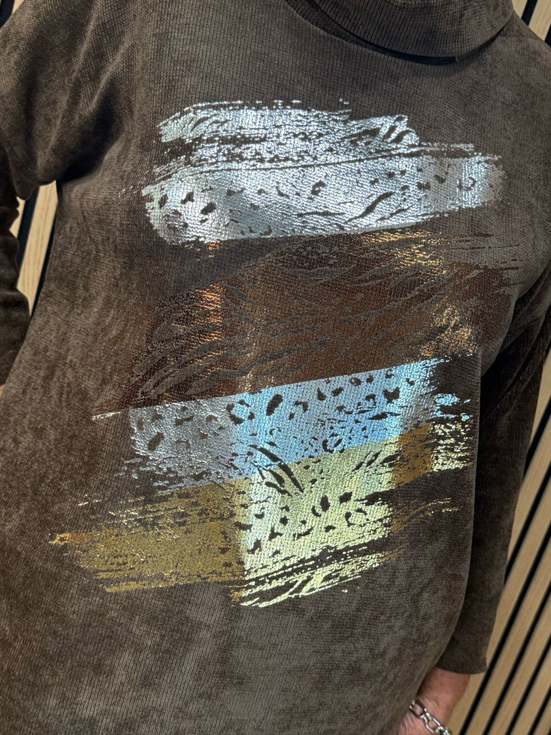 Oversized Metallic Abstract Print Cowl Neck Jumper - Chocolate