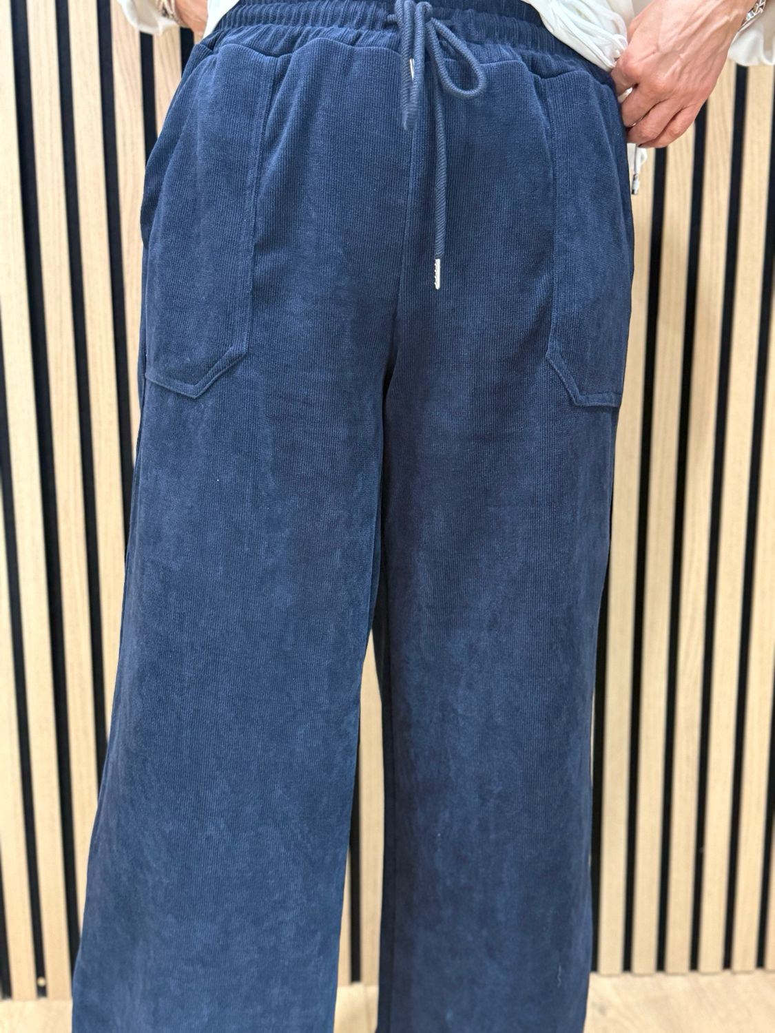 Cord Wide Leg Drawstring Trousers - Navy