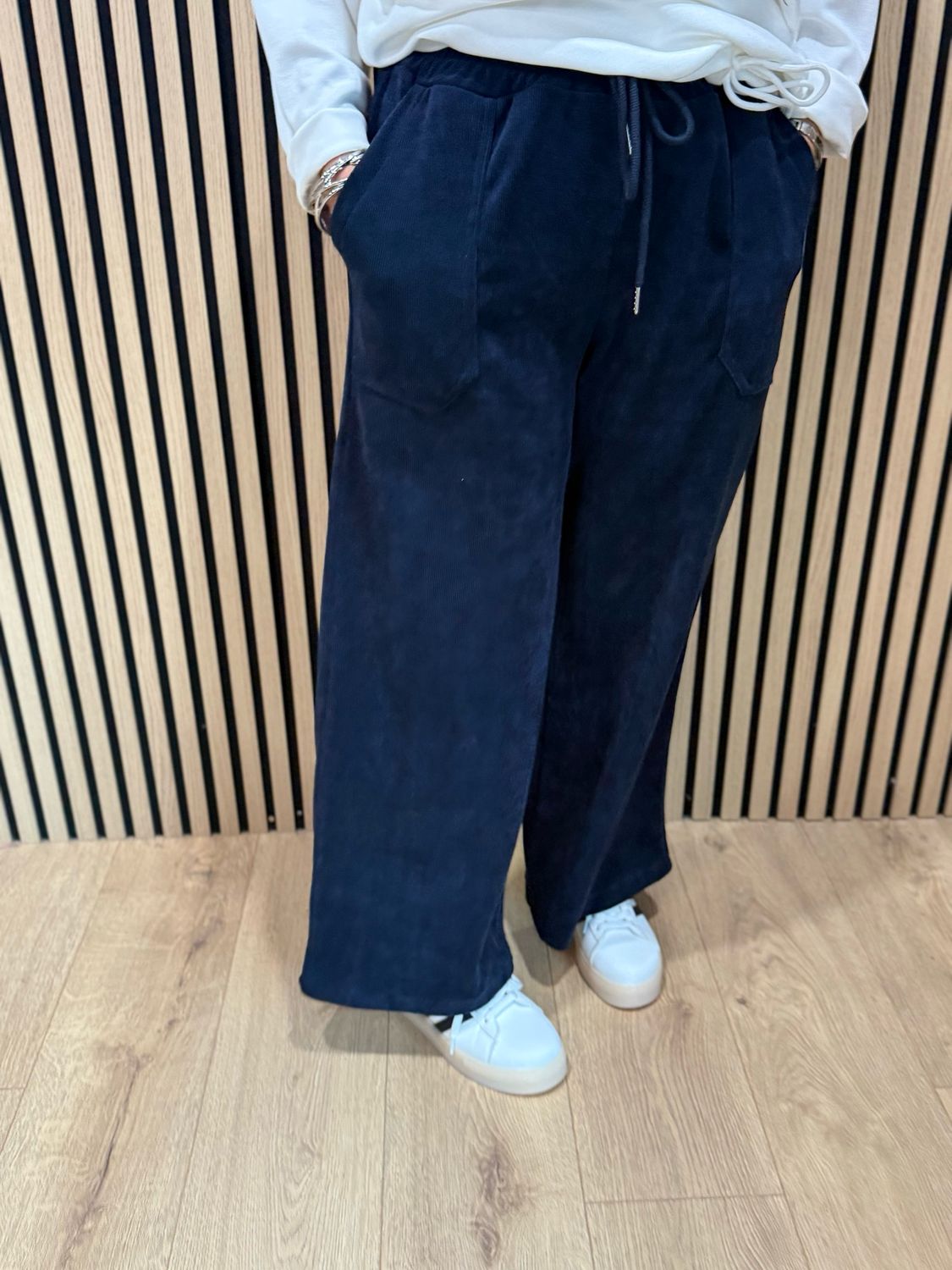 Cord Wide Leg Drawstring Trousers - Navy
