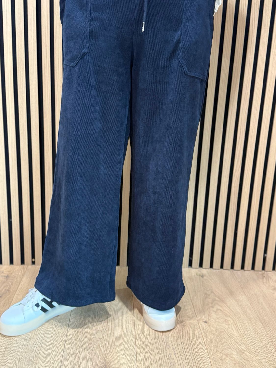 Cord Wide Leg Drawstring Trousers - Navy