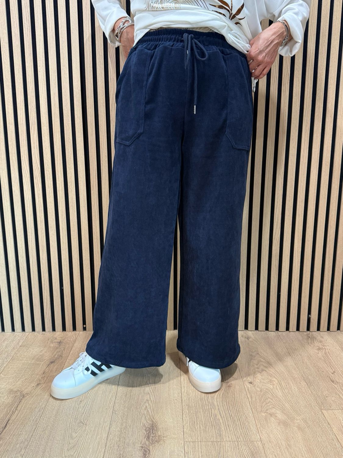 Cord Wide Leg Drawstring Trousers - Navy