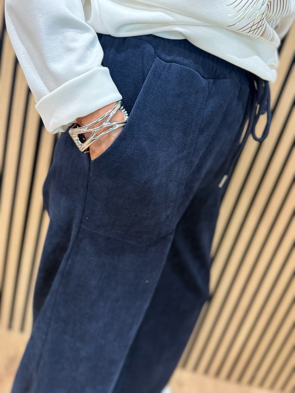 Cord Wide Leg Drawstring Trousers - Navy