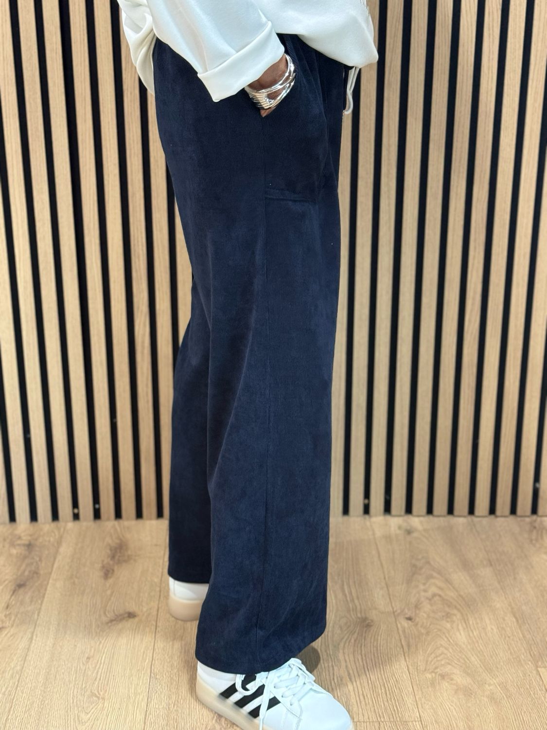 Cord Wide Leg Drawstring Trousers - Navy