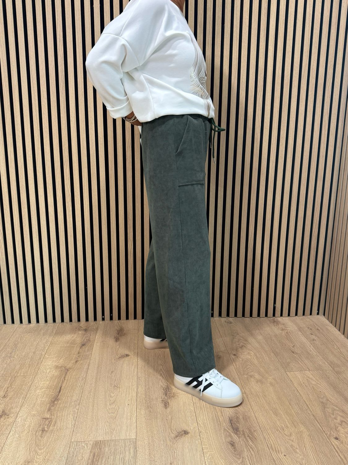Cord Wide Leg Drawstring Trousers - Khaki