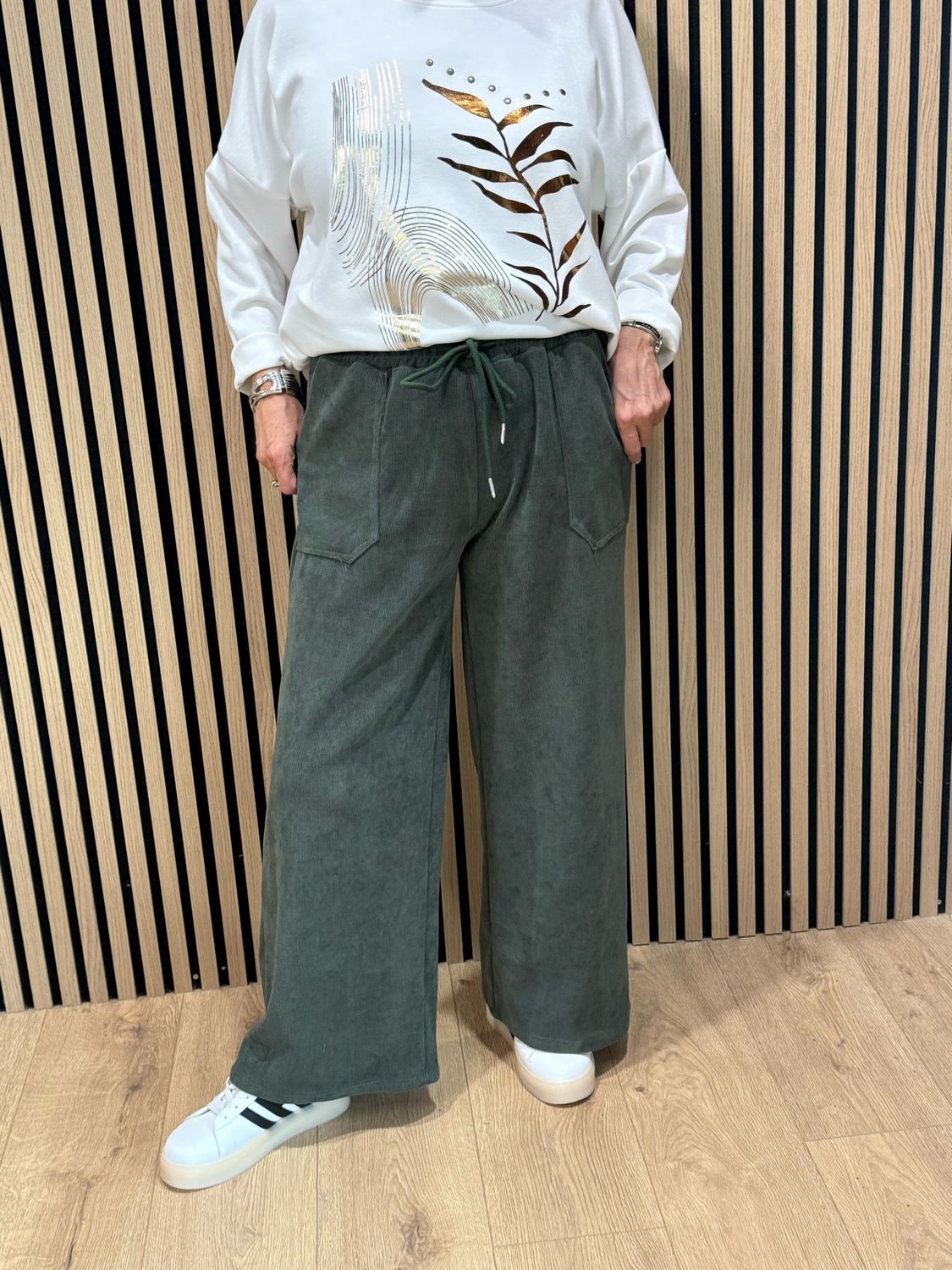 Cord Wide Leg Drawstring Trousers - Khaki