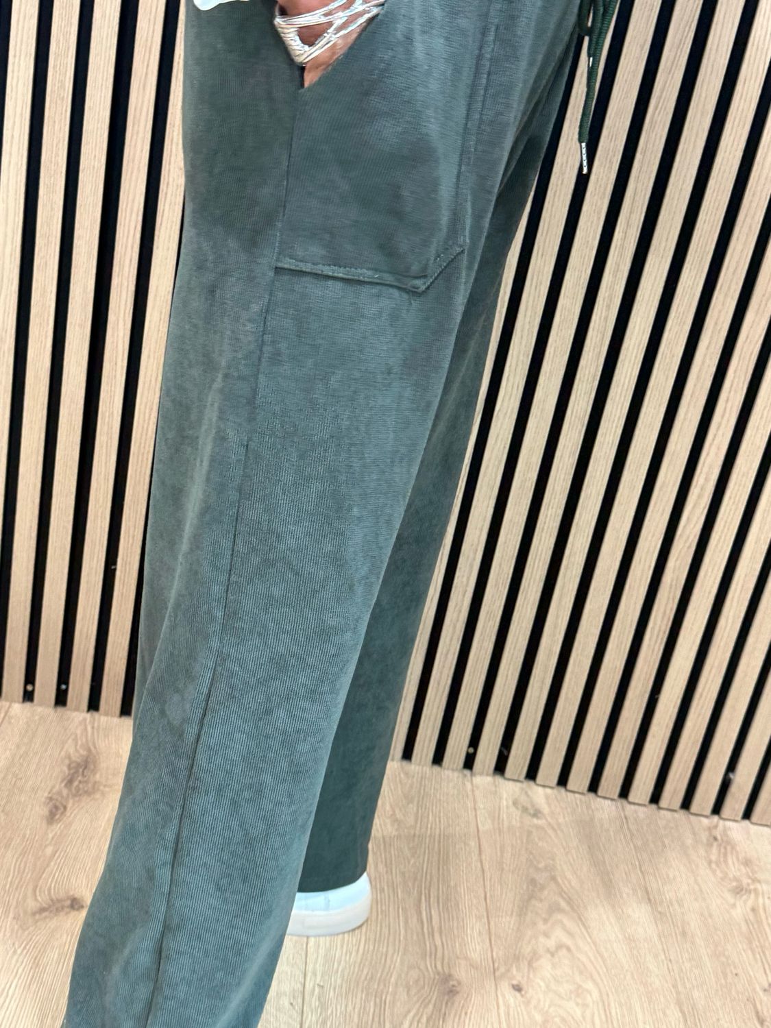 Cord Wide Leg Drawstring Trousers - Khaki