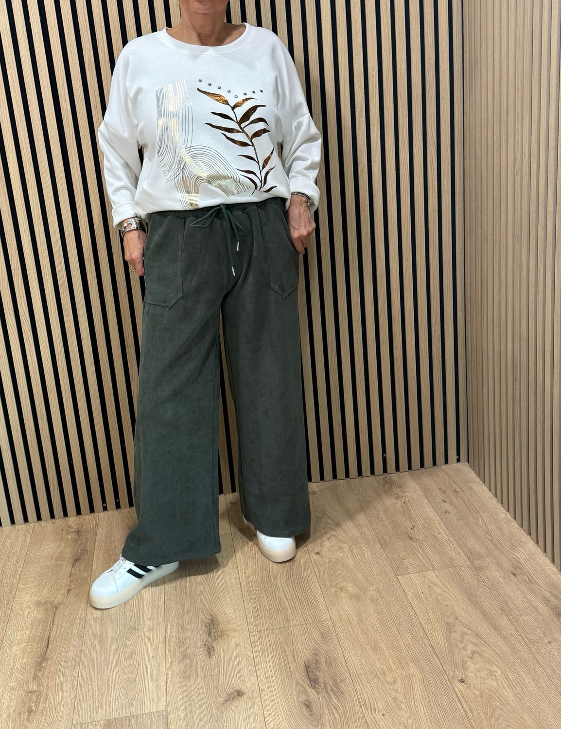 Cord Wide Leg Drawstring Trousers - Khaki