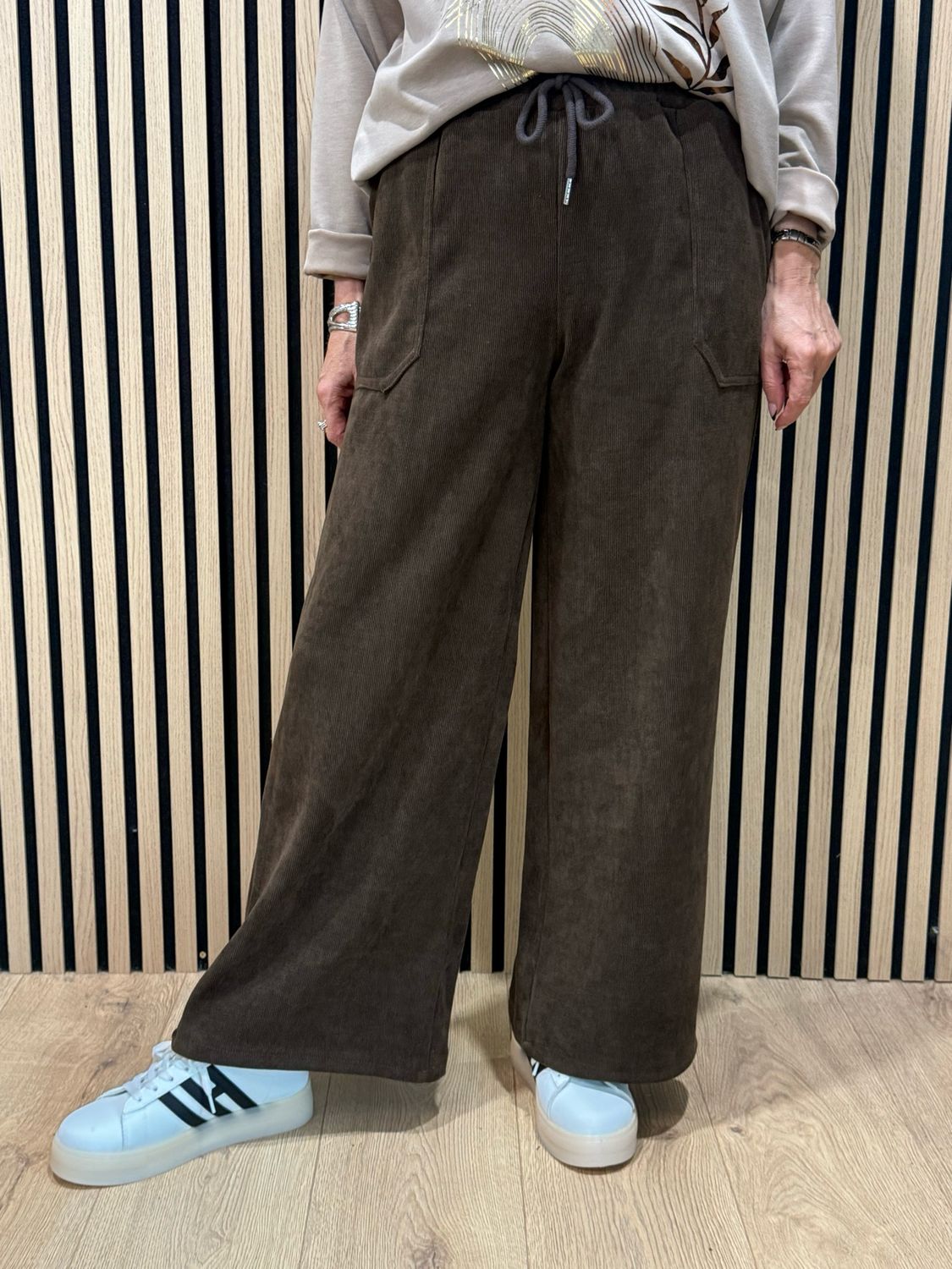 Cord Wide Leg Drawstring Trousers - Chocolate