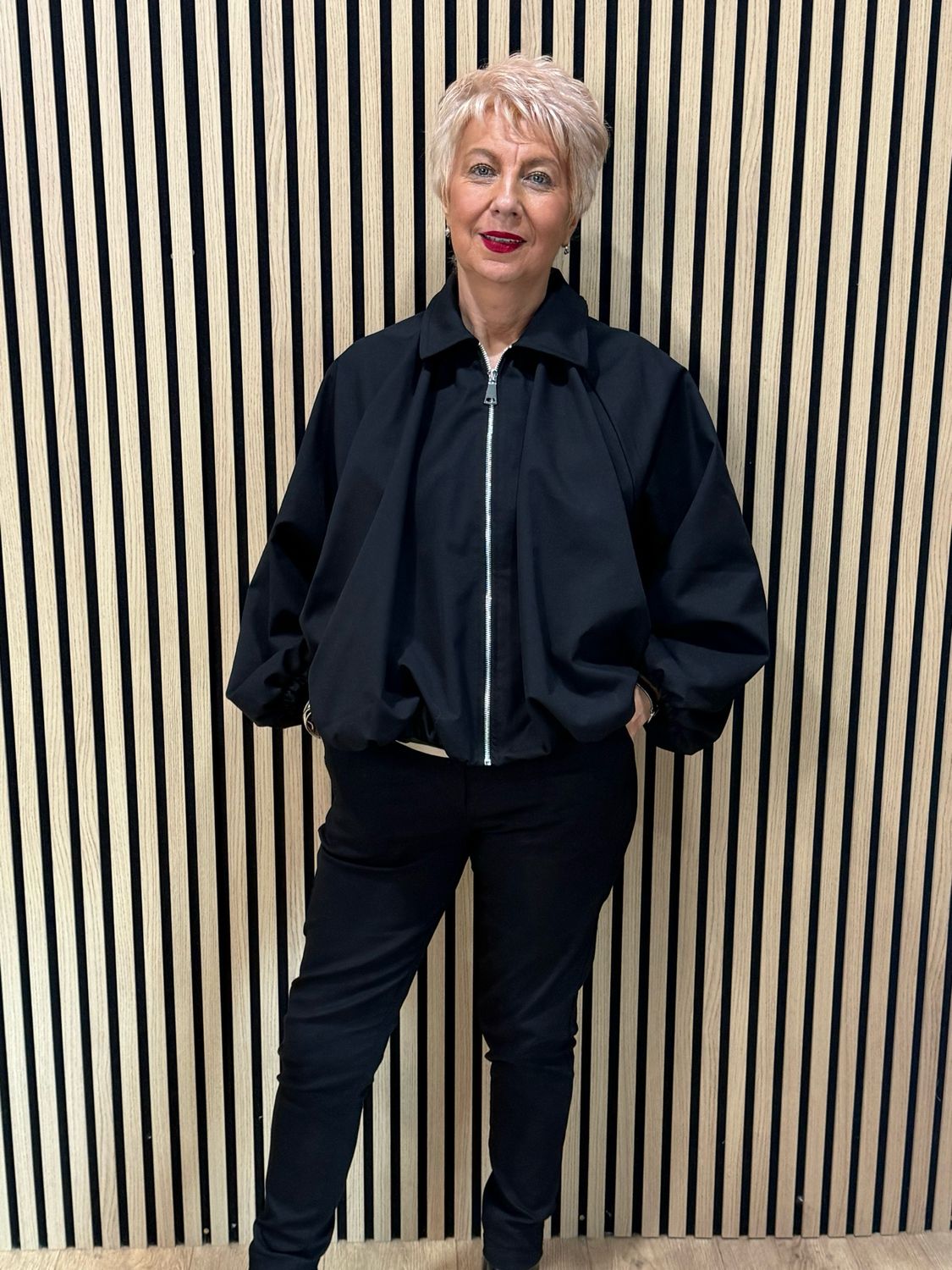 Ruched Front Zip Up Collared Jacket - Black