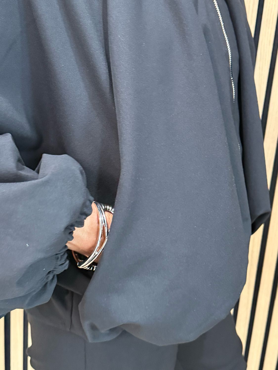 Ruched Front Zip Up Collared Jacket - Black
