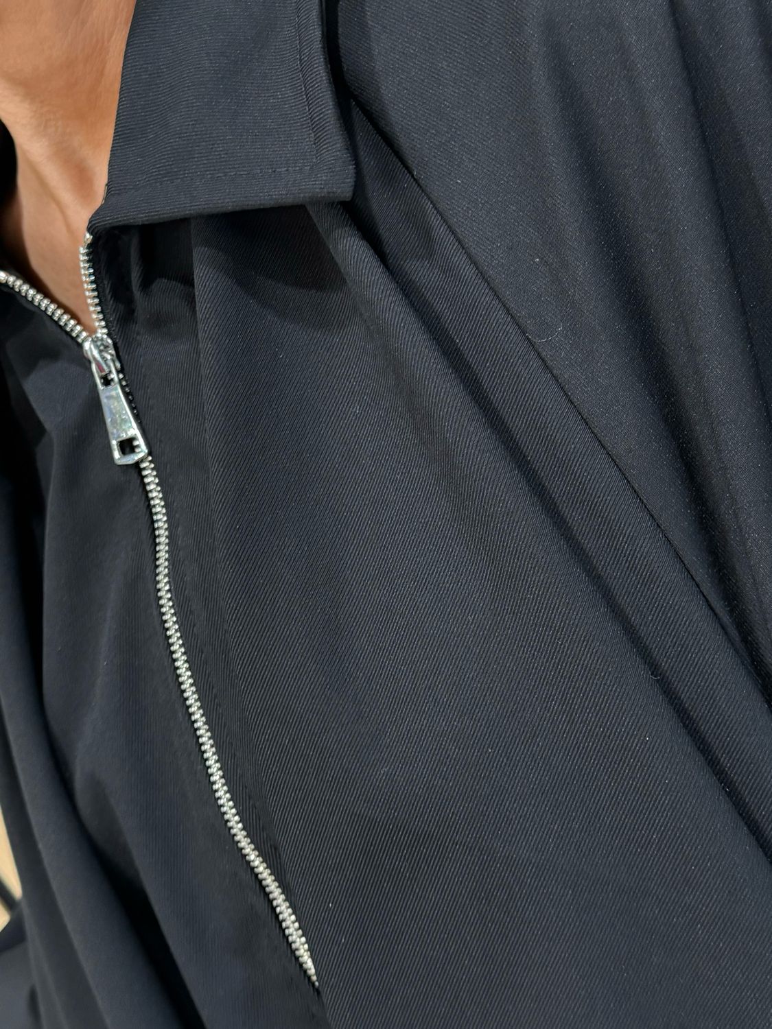 Ruched Front Zip Up Collared Jacket - Black