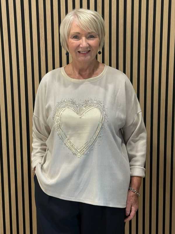 Diamanté Heart Oversized Jumper - Stone Diamanté Heart Oversized Jumper - Stone