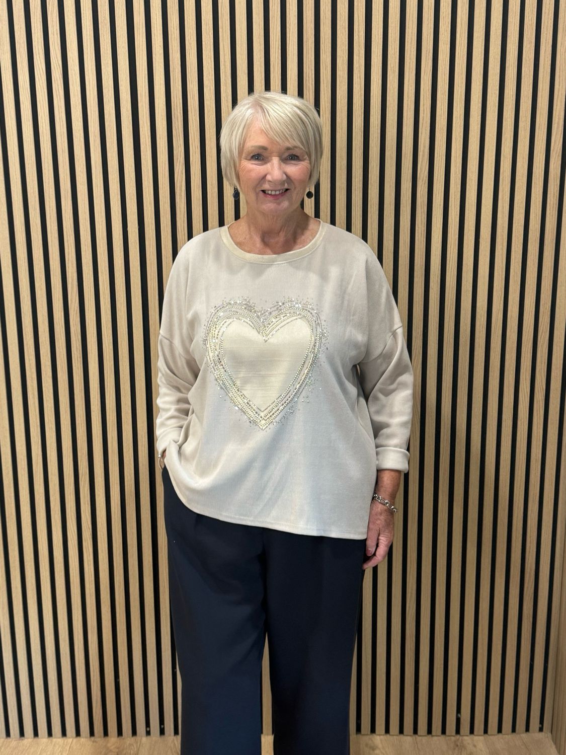 Diamanté Heart Oversized Jumper - Stone