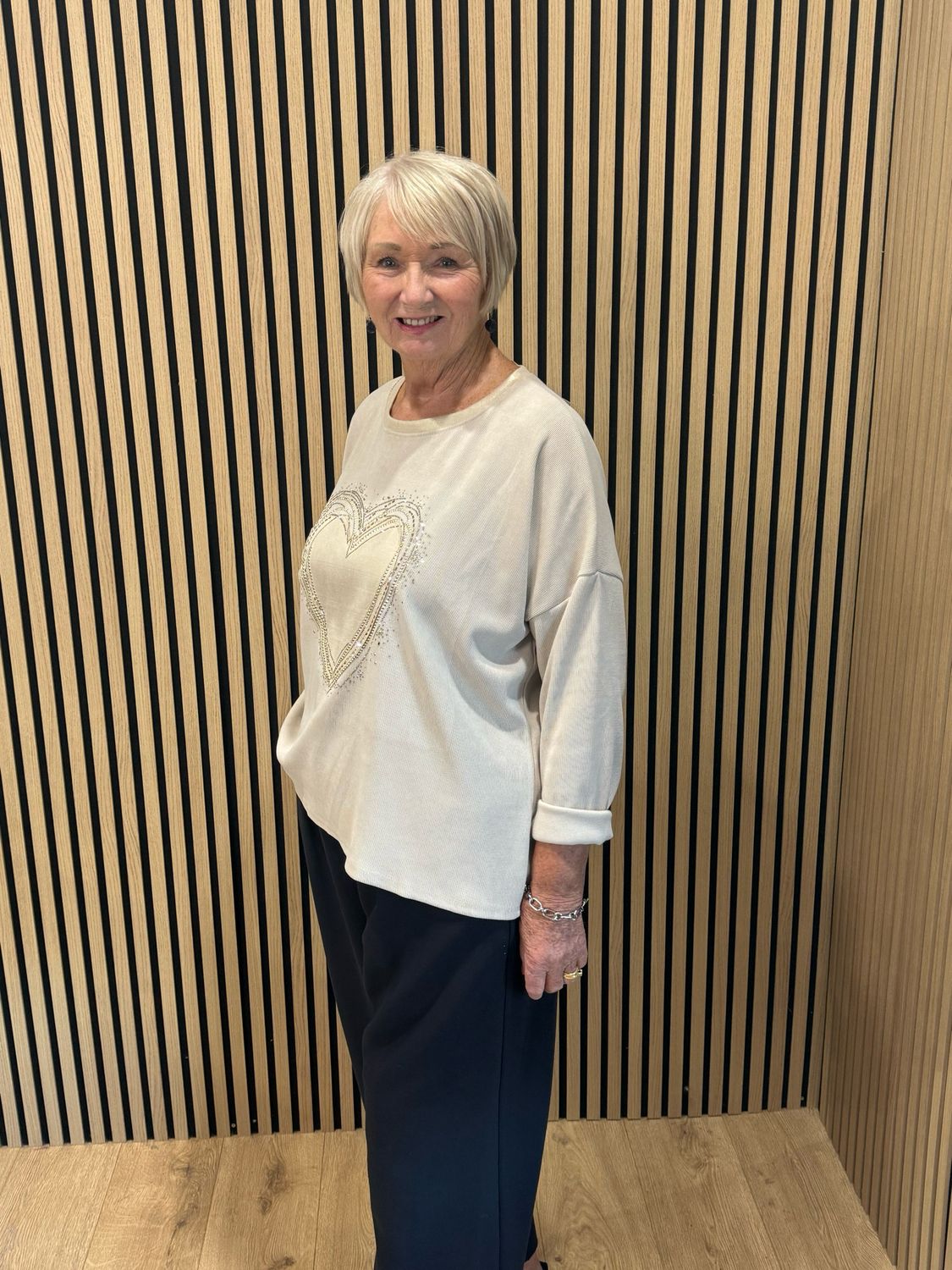 Diamanté Heart Oversized Jumper - Stone
