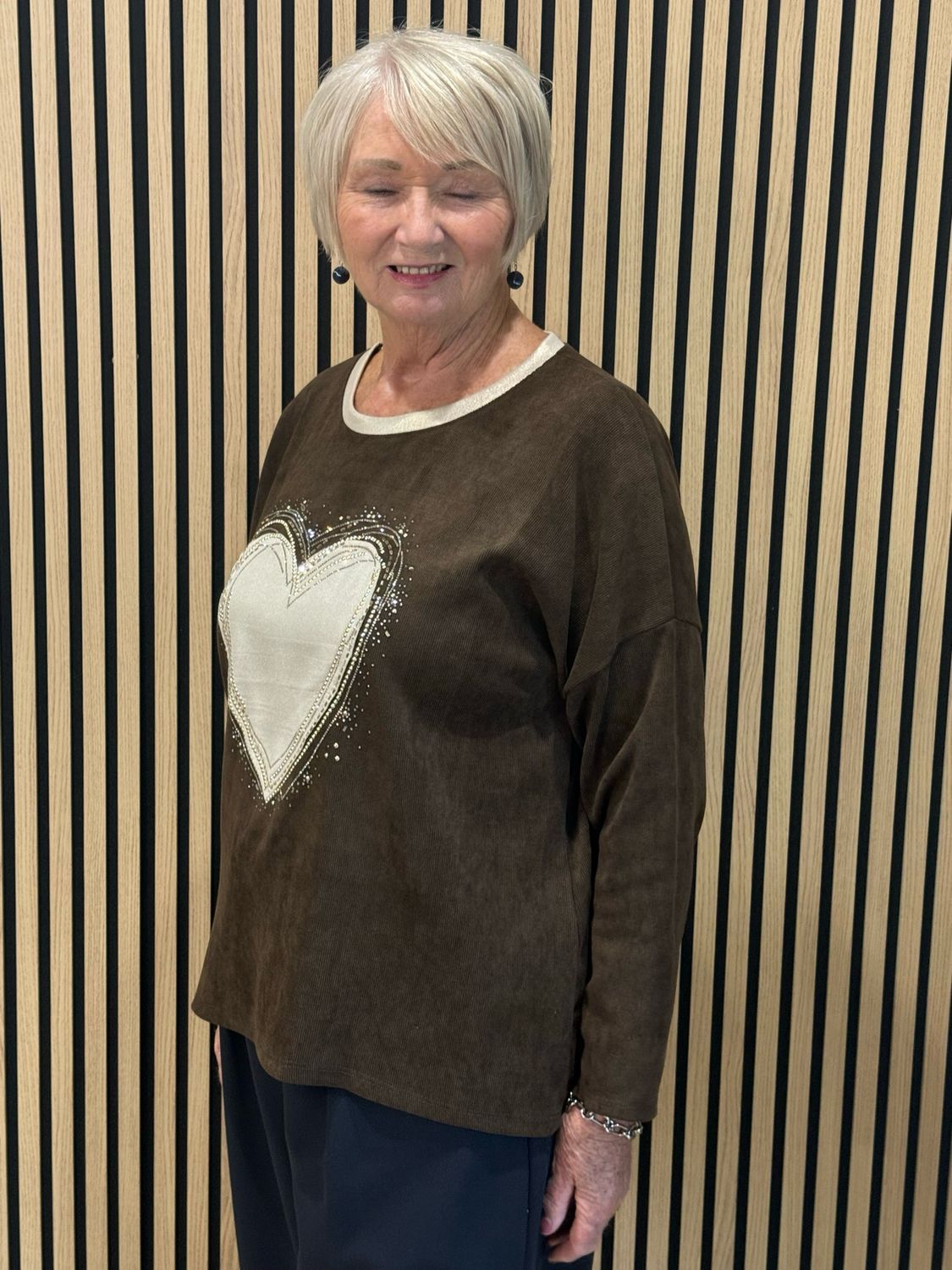 Diamanté Heart Oversized Jumper - Chocolate