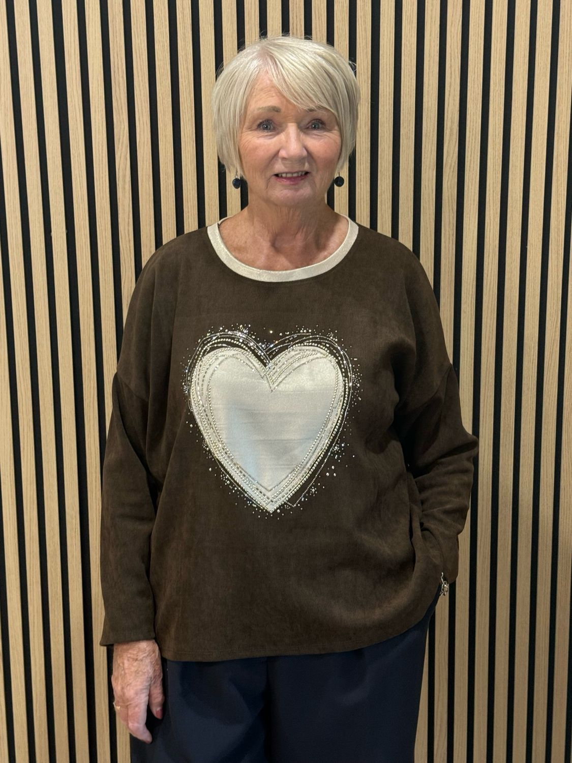 Diamanté Heart Oversized Jumper - Chocolate