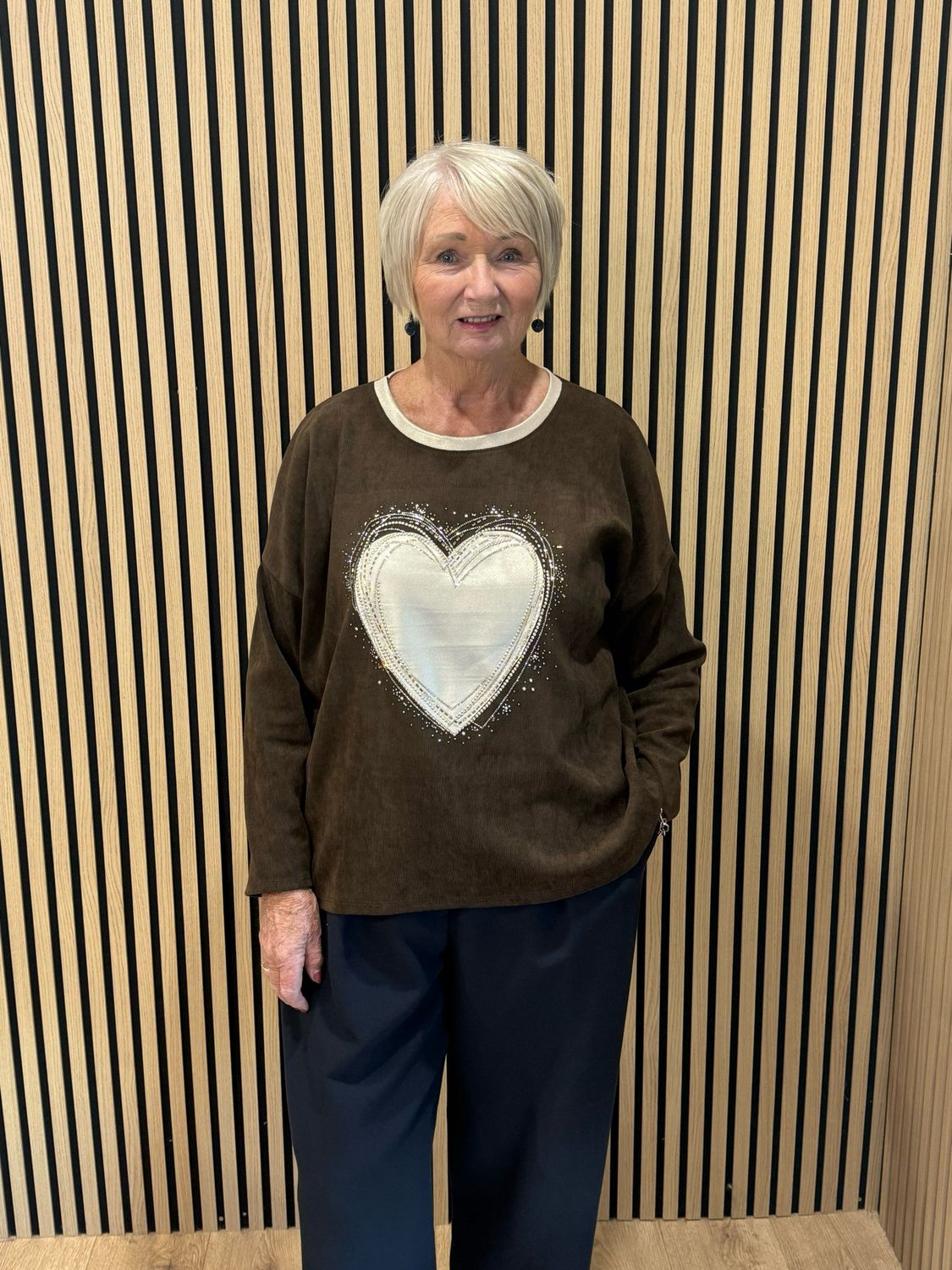 Diamanté Heart Oversized Jumper - Chocolate