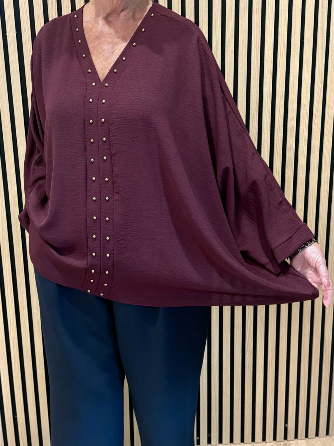 Gold Button Detail Floaty Top - Burgundy