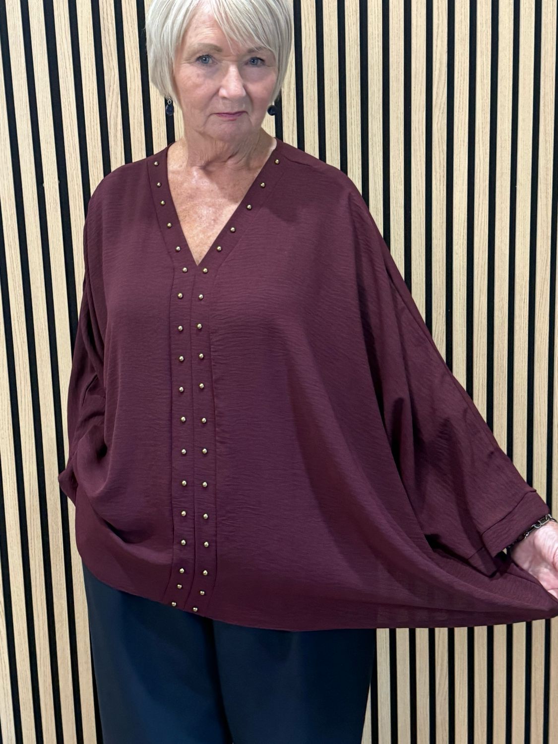 Gold Button Detail Floaty Top - Burgundy