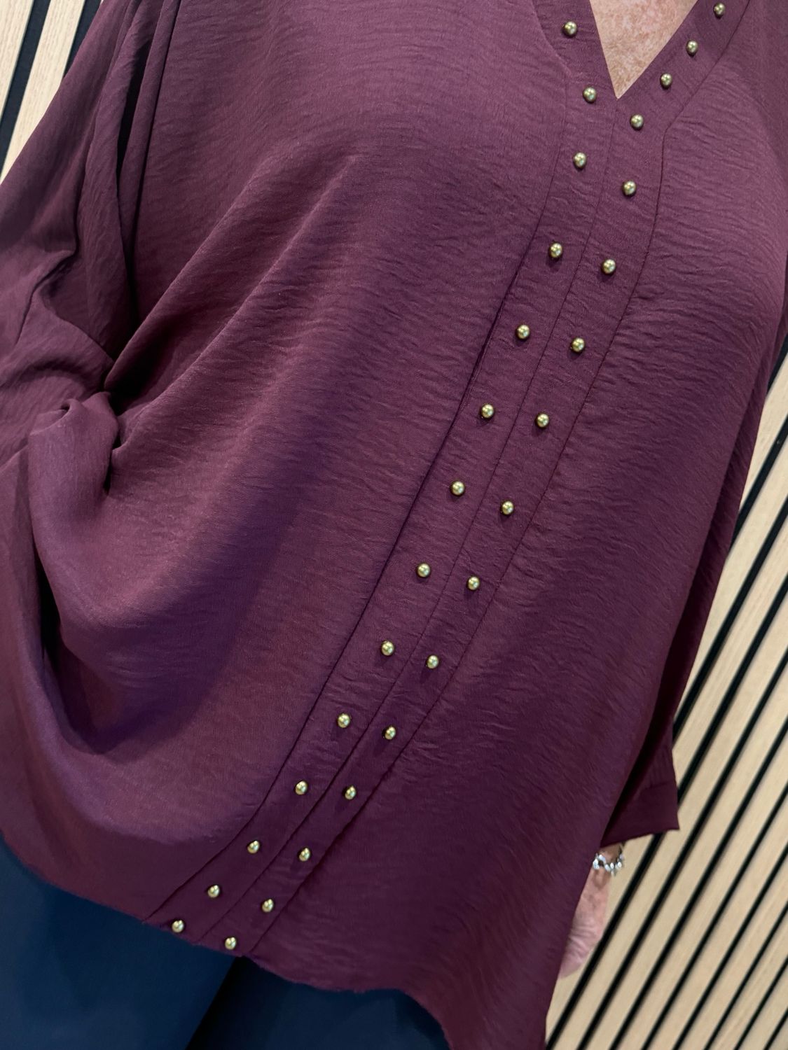 Gold Button Detail Floaty Top - Burgundy