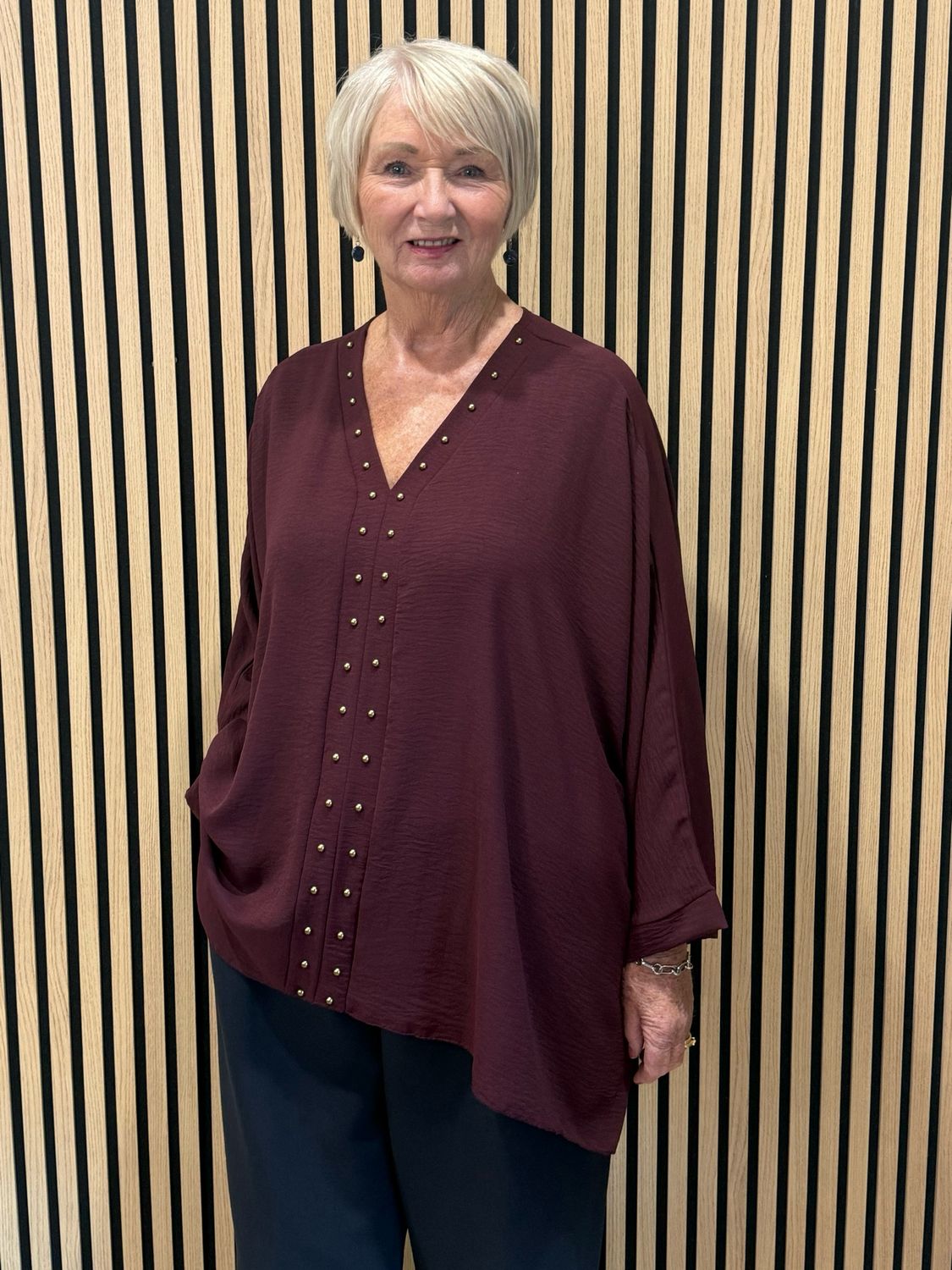 Gold Button Detail Floaty Top - Burgundy