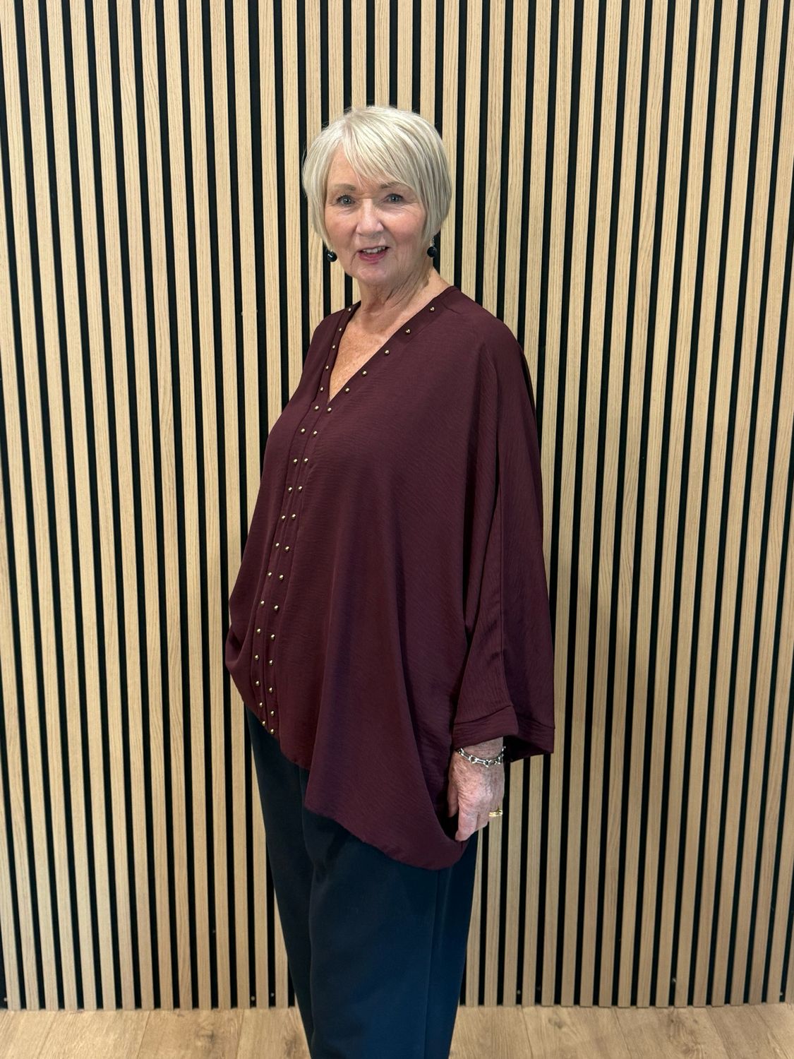 Gold Button Detail Floaty Top - Burgundy