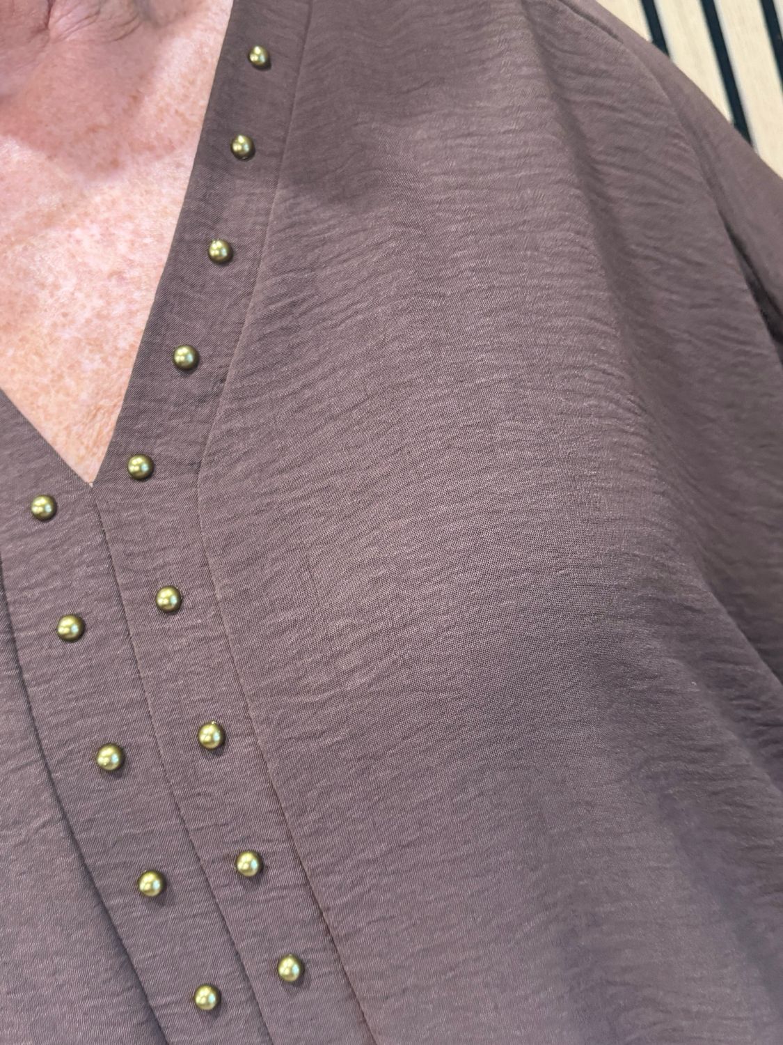 Gold Button Detail Floaty Top - Chocolate