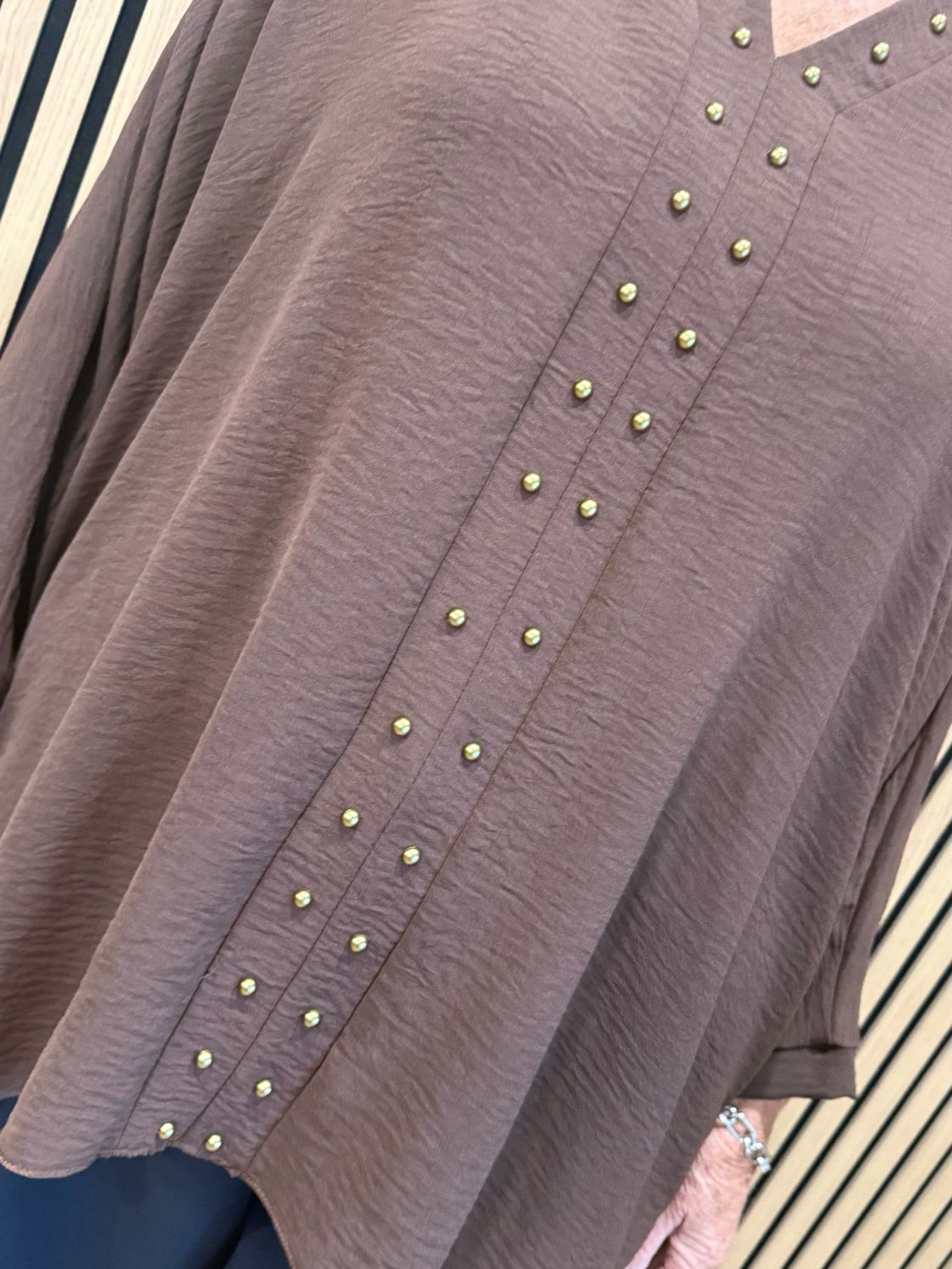 Gold Button Detail Floaty Top - Chocolate