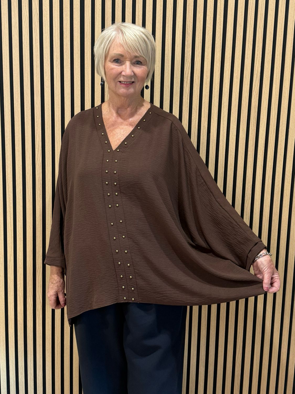 Gold Button Detail Floaty Top - Chocolate