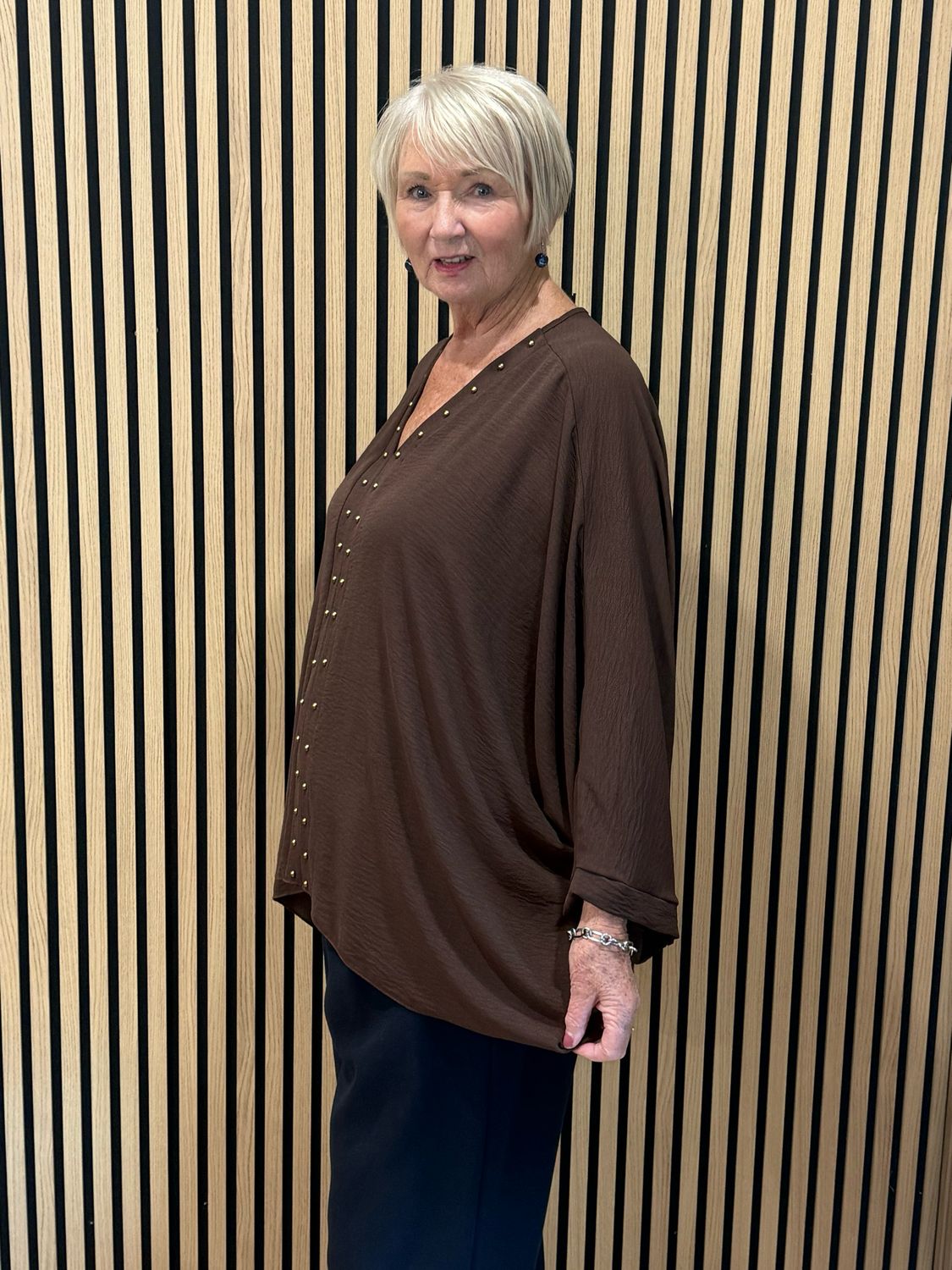 Gold Button Detail Floaty Top - Chocolate