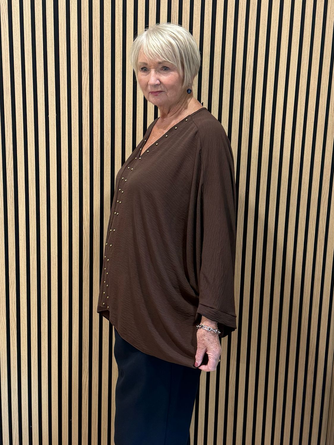Gold Button Detail Floaty Top - Chocolate