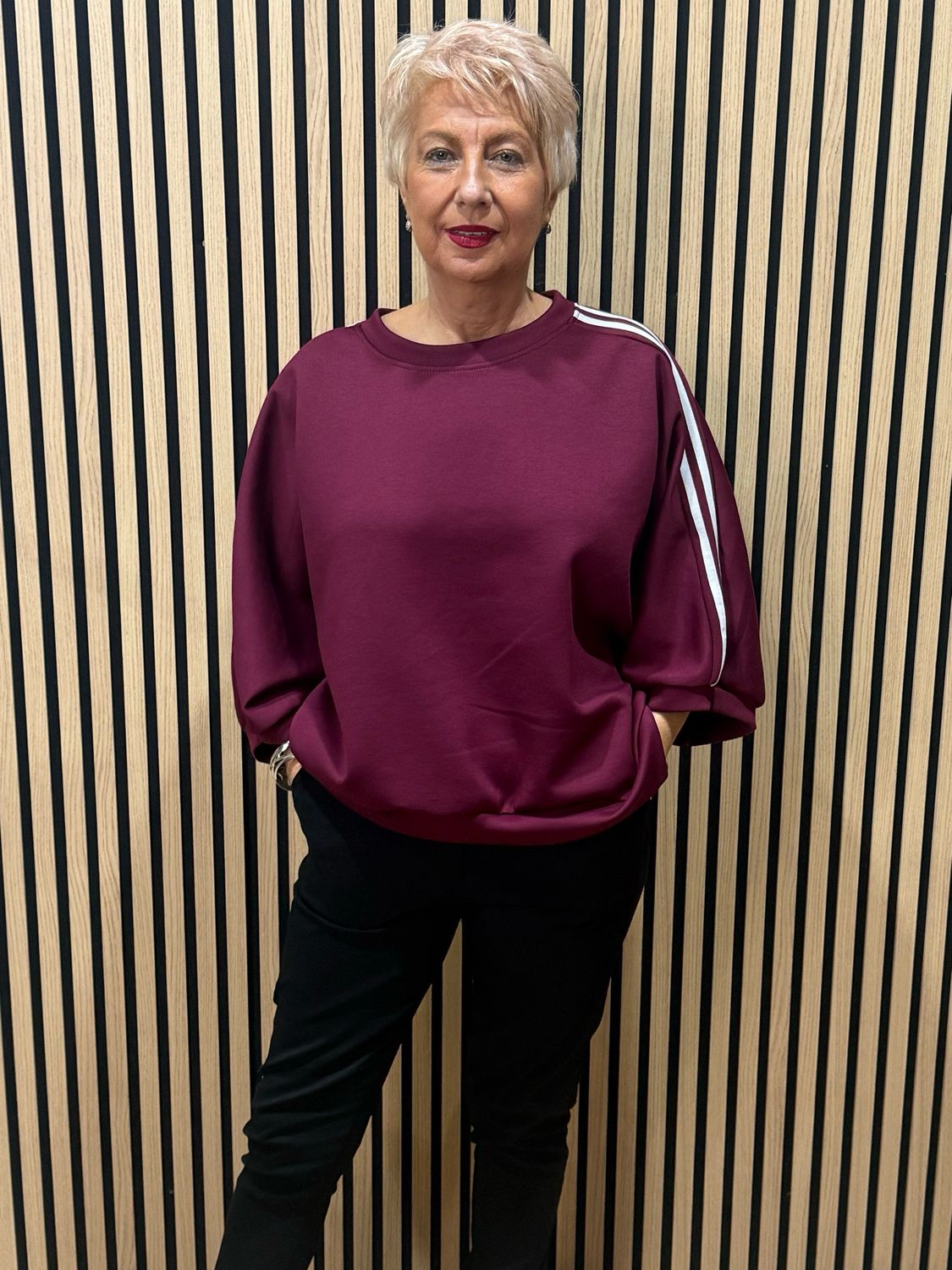 Contrast Stripe Sleeve Jersey Top - Plum