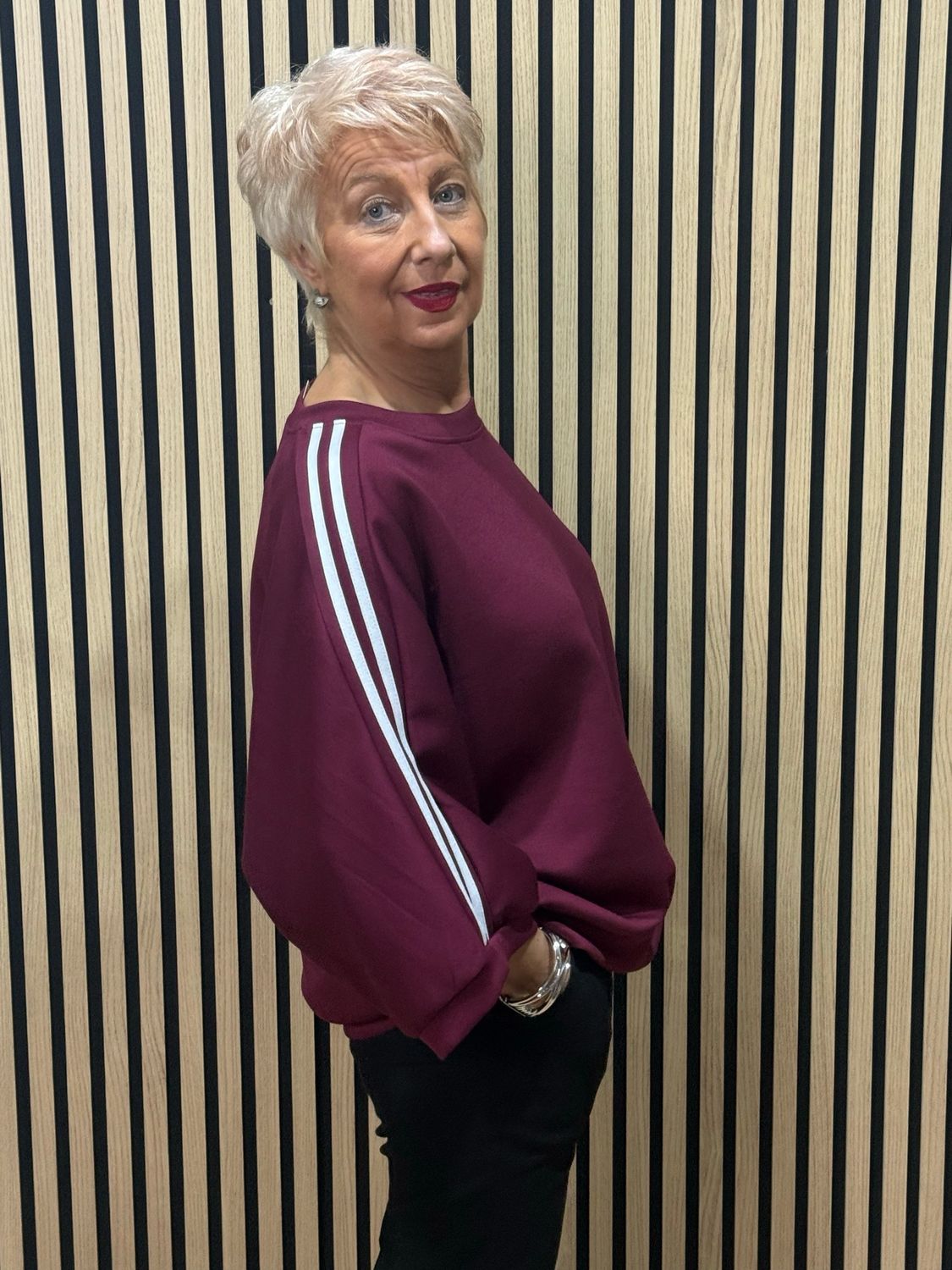 Contrast Stripe Sleeve Jersey Top - Plum