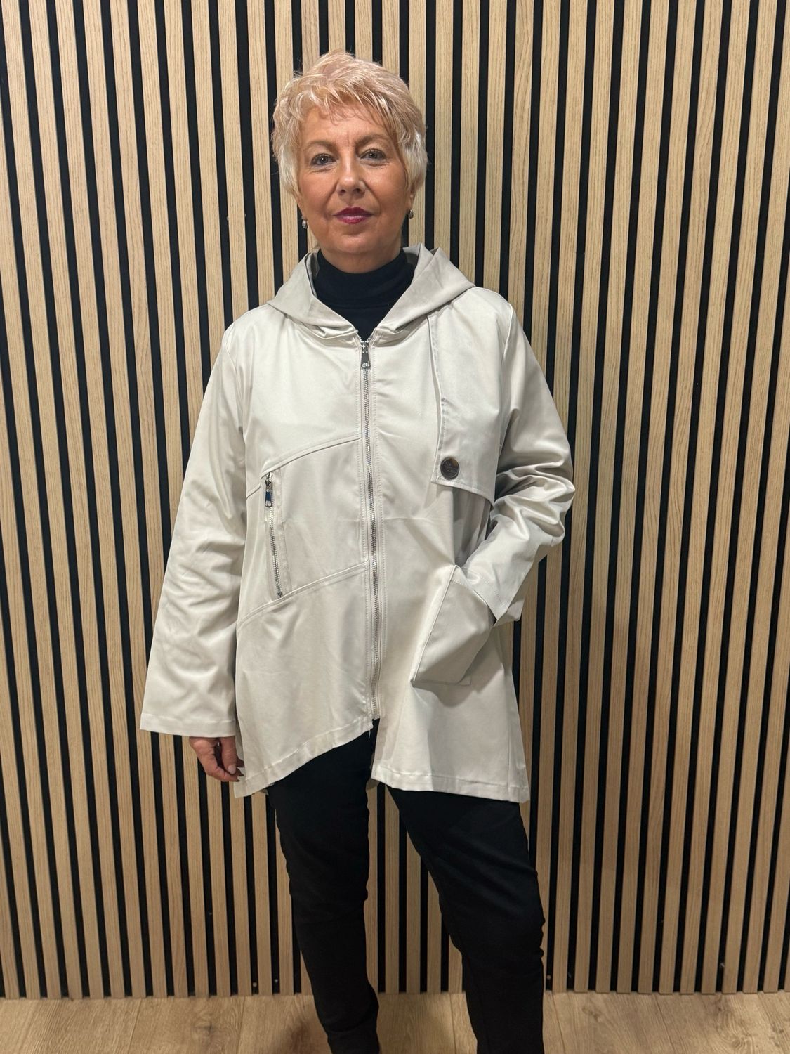Asymmetric Zip Hooded Coat - Cream