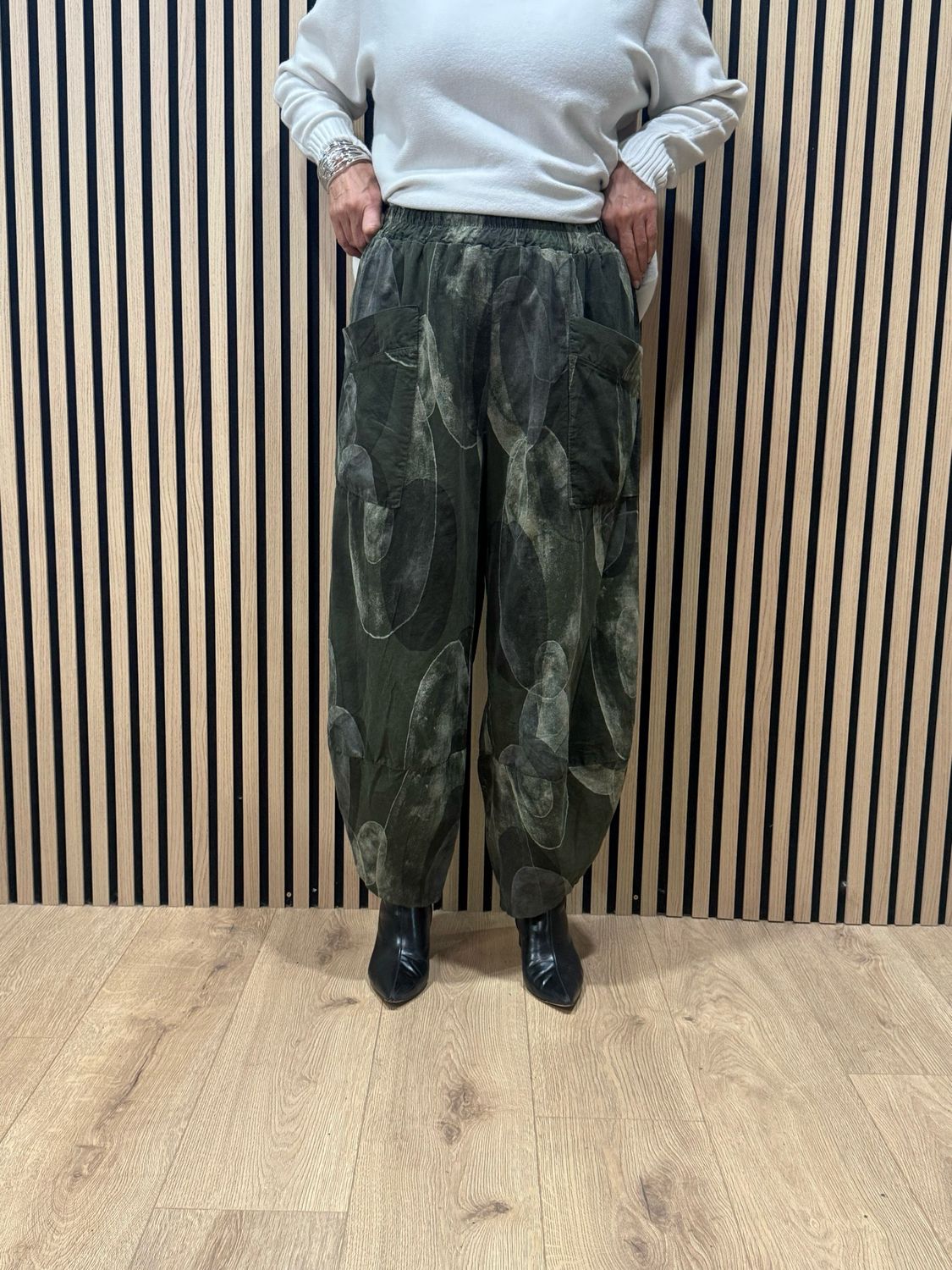 Abstract Print Tulip Hem Trousers - Khaki