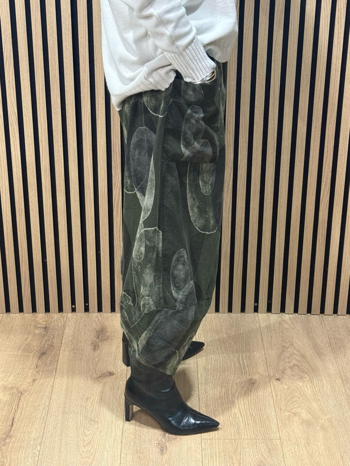 Abstract Print Tulip Hem Trousers - Khaki