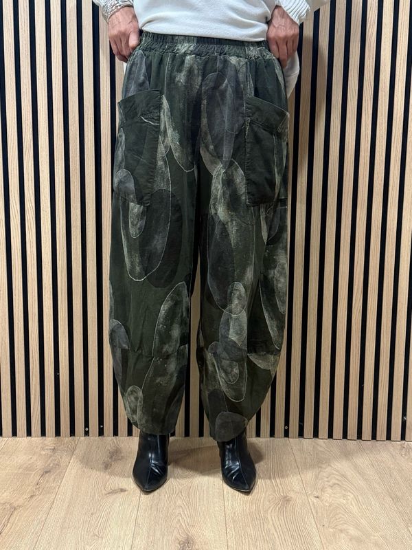 Abstract Print Tulip Hem Trousers - Khaki