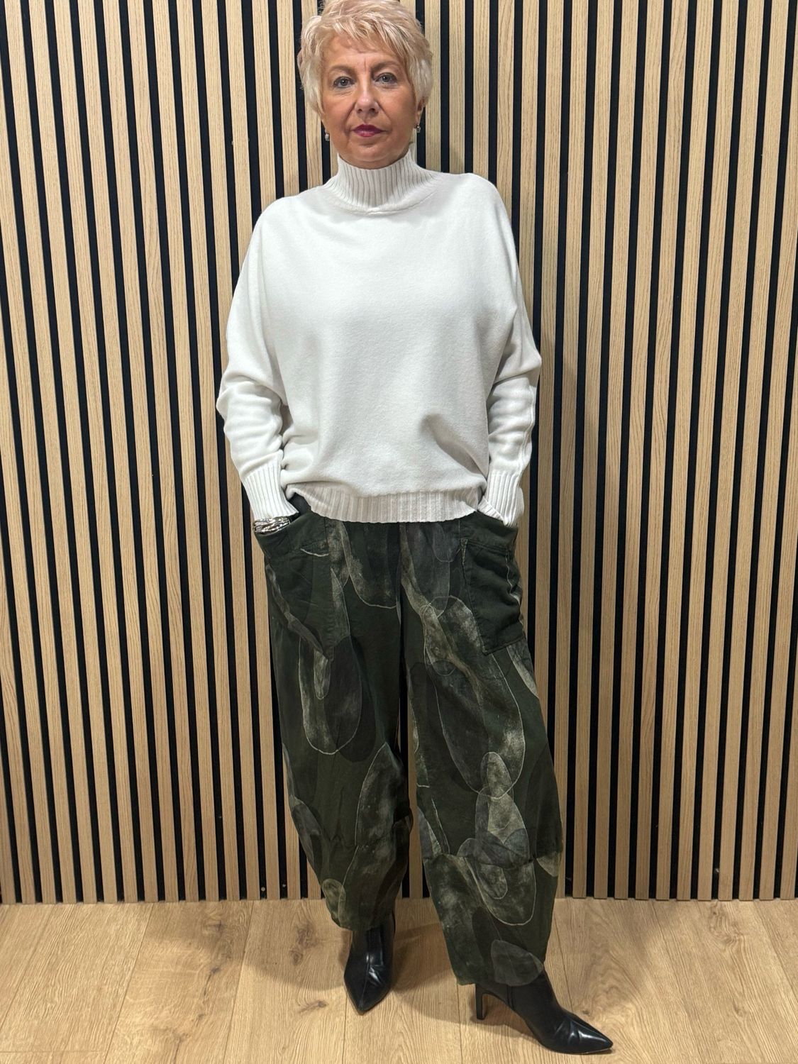Abstract Print Tulip Hem Trousers - Khaki