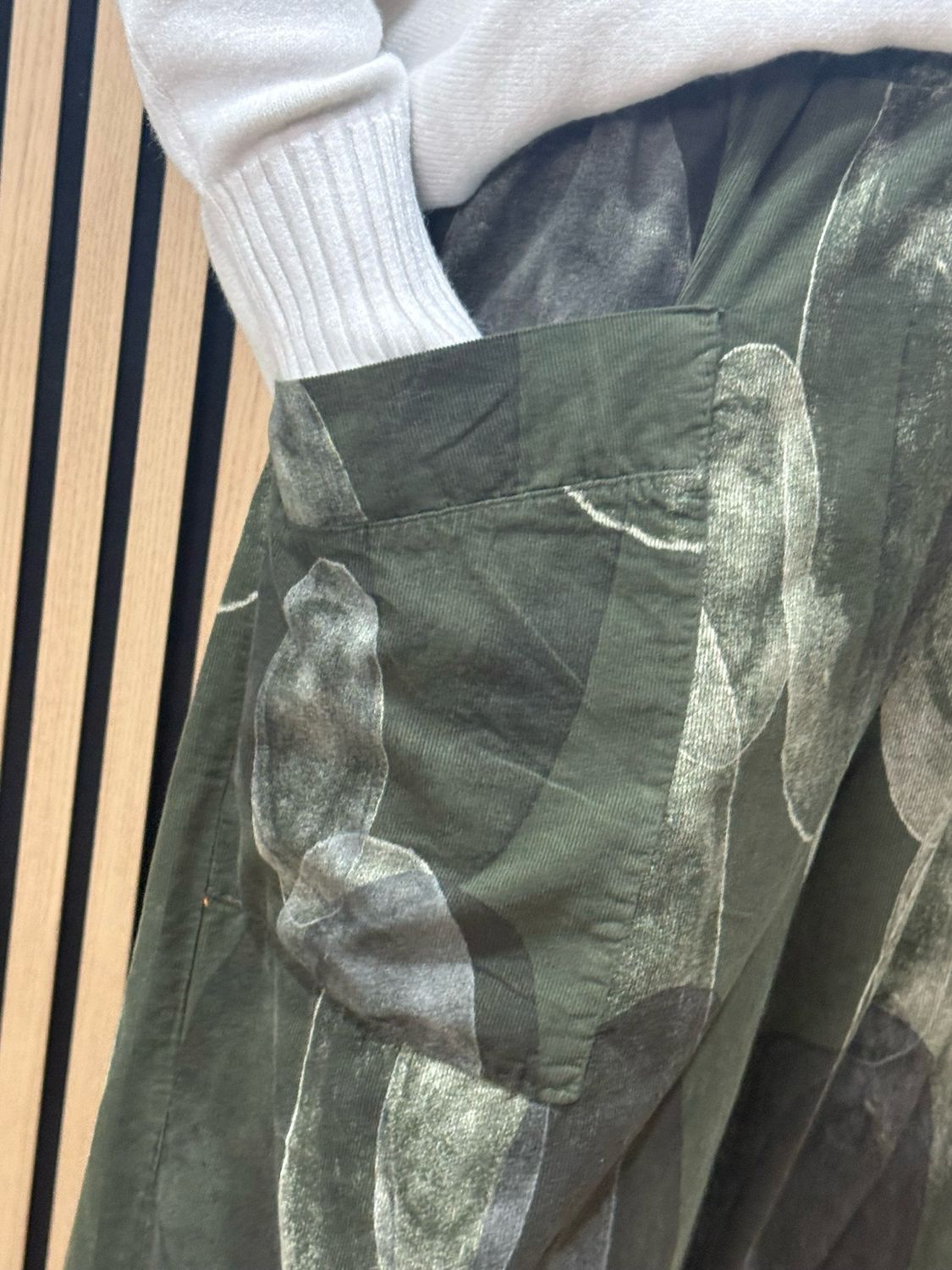 Abstract Print Tulip Hem Trousers - Khaki