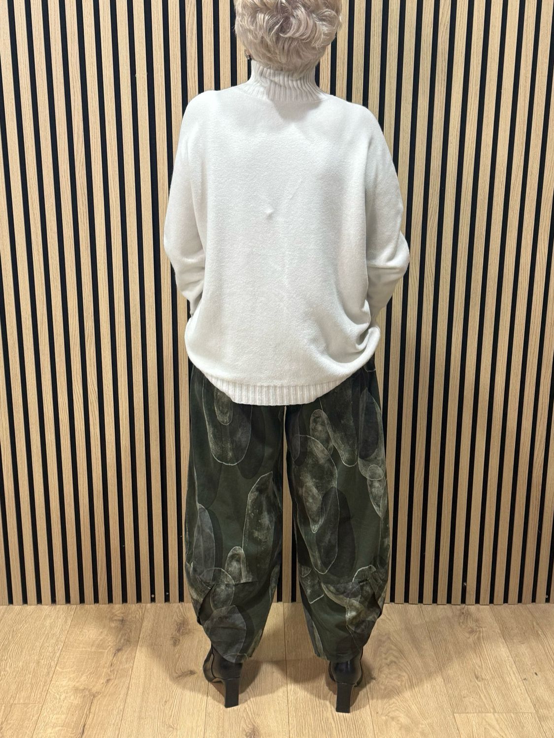 Abstract Print Tulip Hem Trousers - Khaki