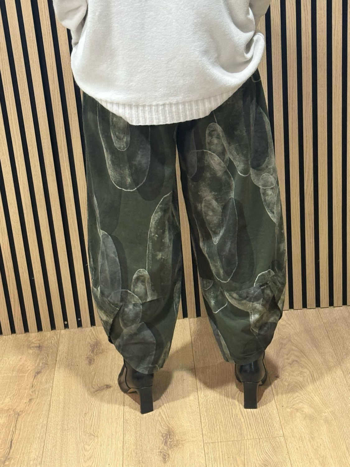 Abstract Print Tulip Hem Trousers - Khaki